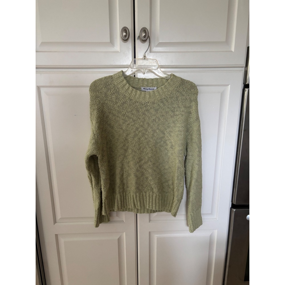 Tommy Bahama Womens Sage Green 100% Cotton Garter Stitch Crewneck Sweater Small